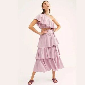 Free People Go For Drama 100% Cotton Ruffle One Shoulder Top & Skirt Set Lilac S